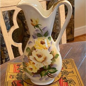 Kasuga Ware Vintage Vase Uher Pitcher Floral Gold Accents Porcelain Japan EUC